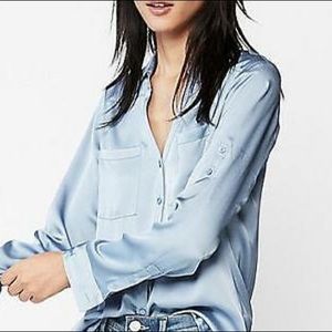 Express Bluebell Satin Slim Fit Portofino Shirt